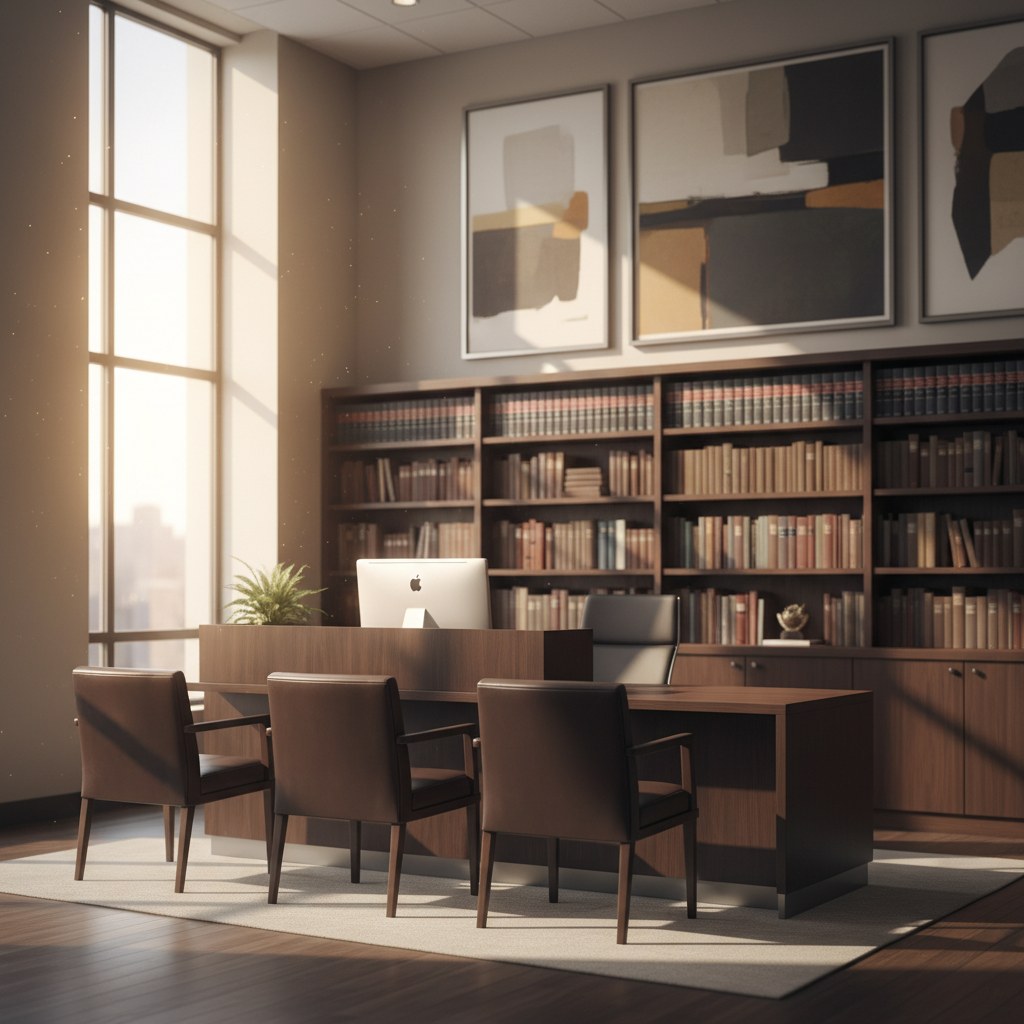 Law firm reception with dark wood desk, leather chairs, and legal volumes in soft focus